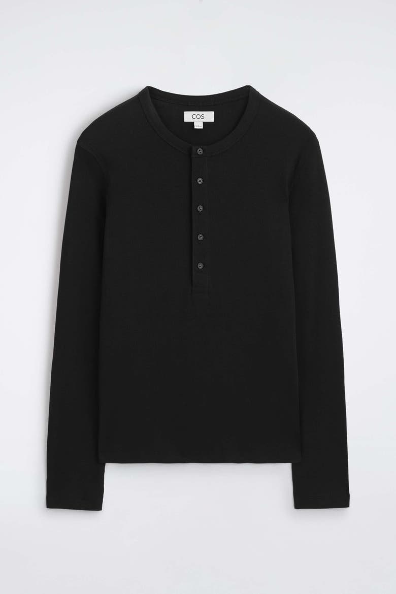 Slim Ribbed Cotton Long-sleeved Henley T-shirt, Alternate, color, BLACK