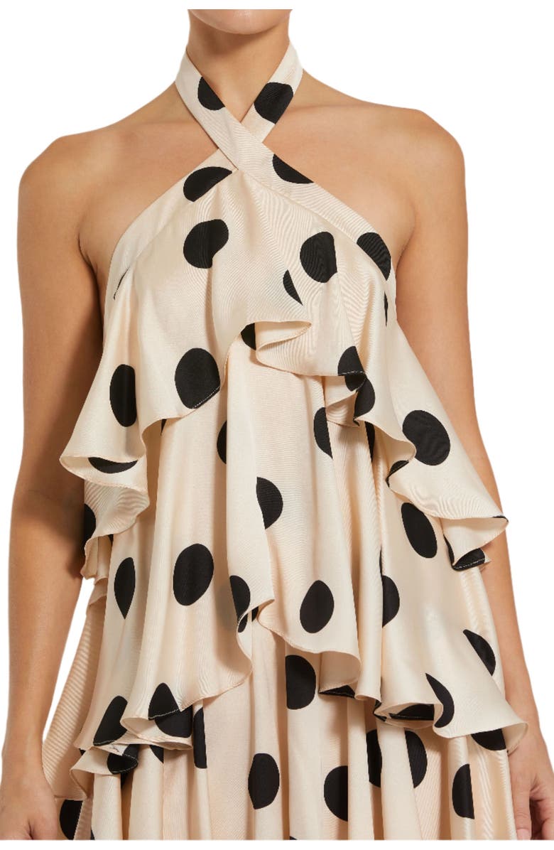 Mac Duggal Polka Dot Charmeuse Halter Tiered Ruffle Gown, Alternate, color, Cream Black