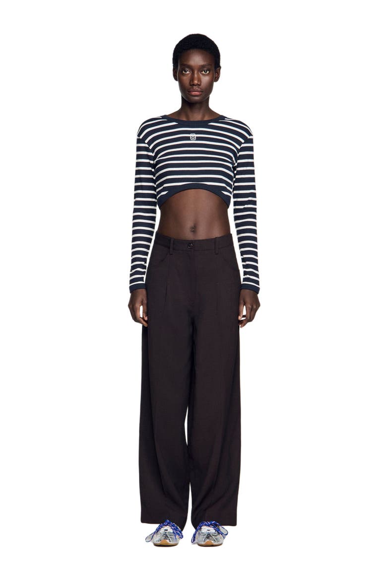Cropped striped cotton T-shirt, Alternate, color, Marine / blanc