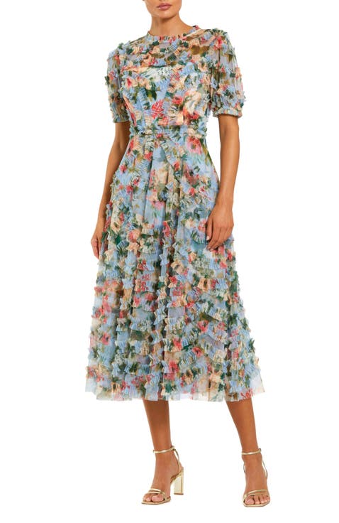 Women's Floral Printed Mesh Ruffle High Neck Midi Dress