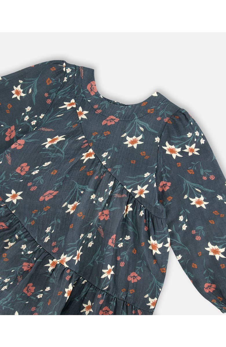 Deux par Deux Little Girl's Long Sleeve Muslin Dress Teal Printed Flowers, Alternate, color, 