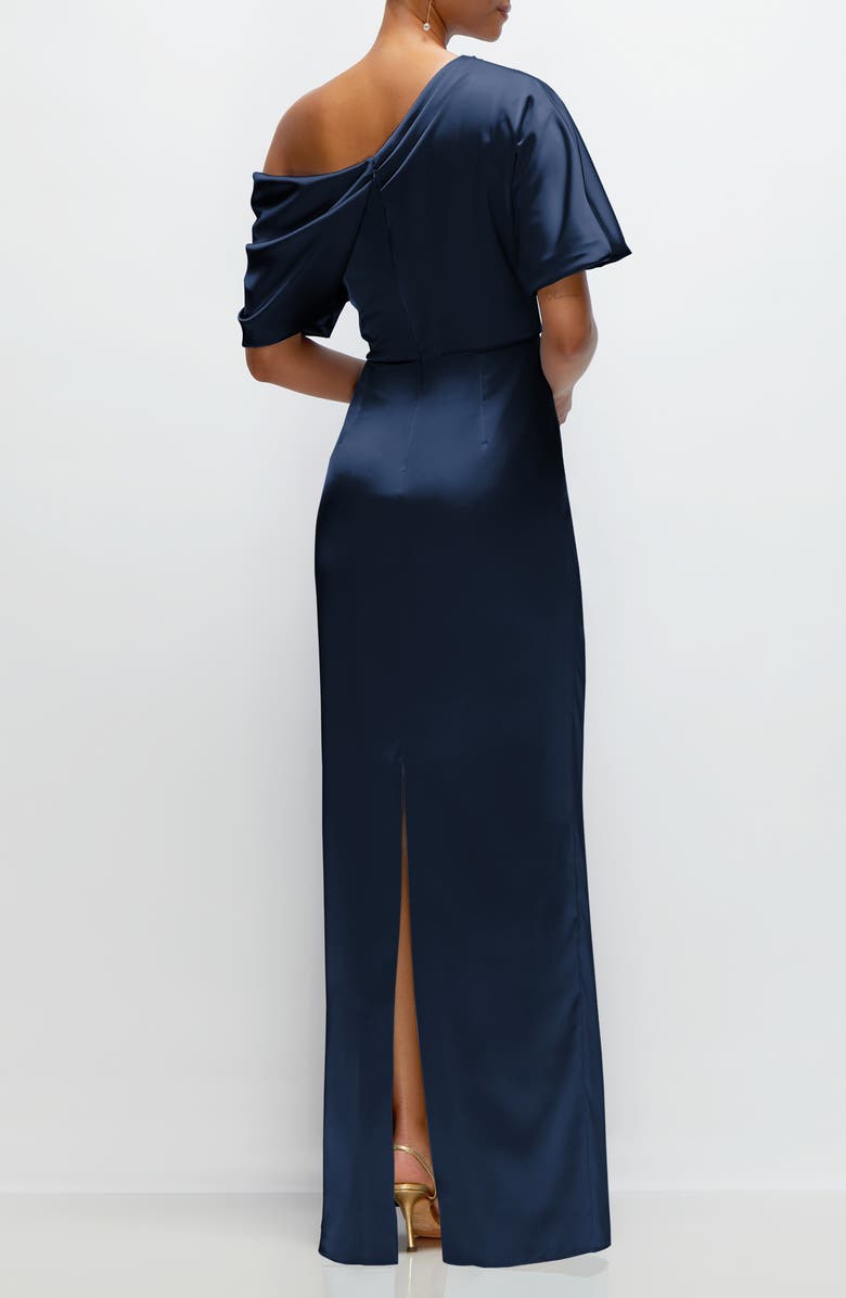 After Six Ruched One-Shoulder Satin Gown, Alternate, color, Midnight