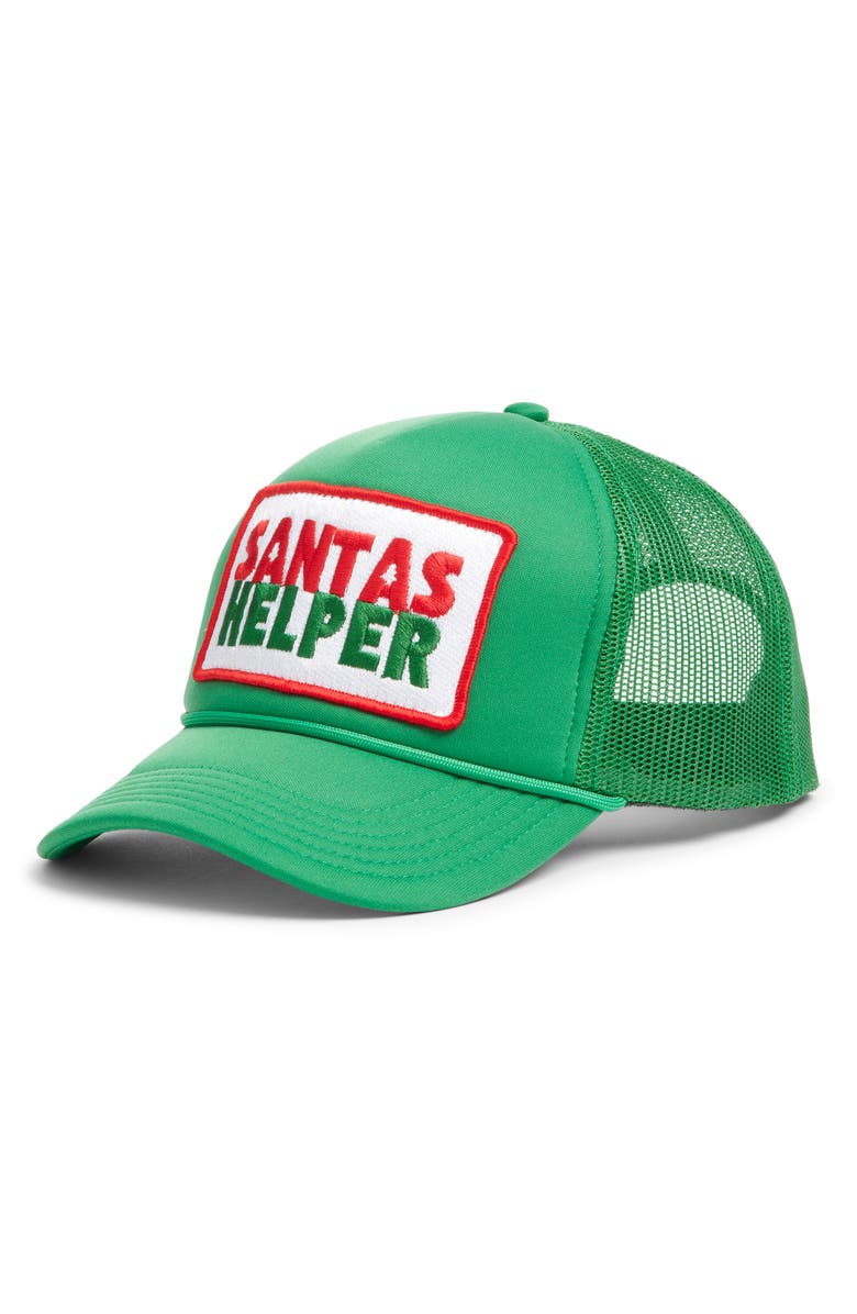 Friday Feelin’ Santa's Helper Patch Trucker Hat, Main, color, Green
