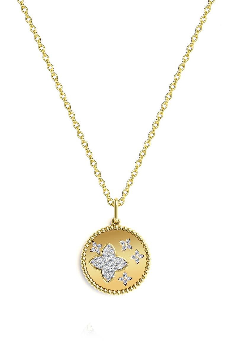 Clover Cubic Zirconia Disk Pendant Necklace, Main, color, GOLD