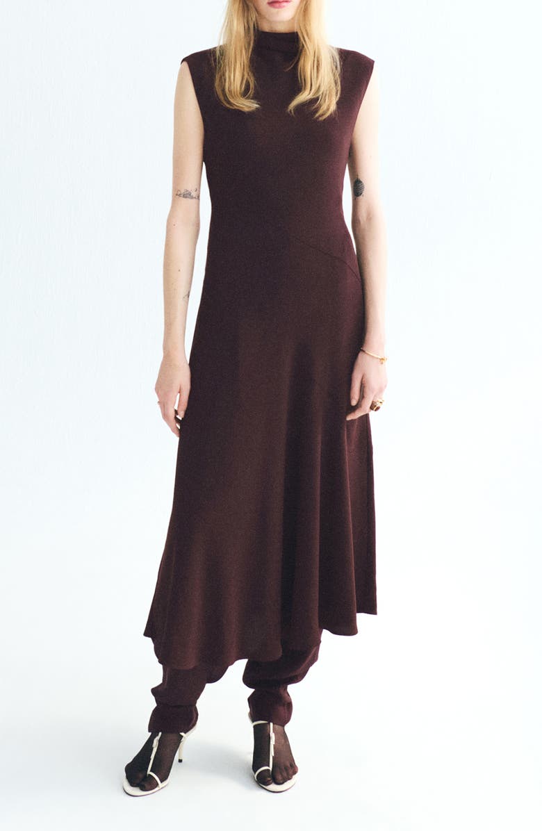 MANGO Coco Mock Neck Sleeveless Dress, Main, color, Brown