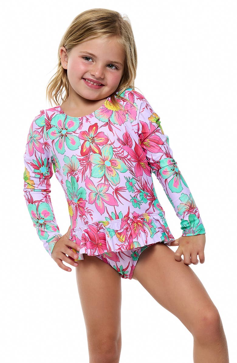 Beach Lingo Kids' Pom Trim Ruffle Long Sleeve One-Piece Rashguard Swimsuit, Main, color, 