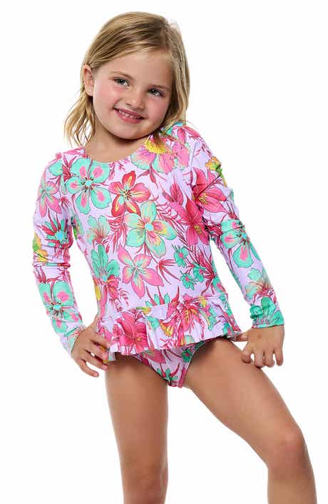 Beach Lingo Kids' Pom Trim Ruffle Long Sleeve One-Piece Rashguard Swimsuit