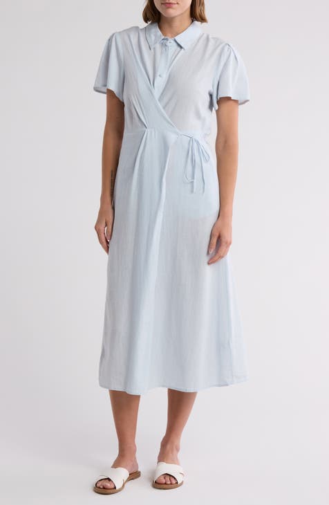 Linen Blend Faux Wrap Shirtdress