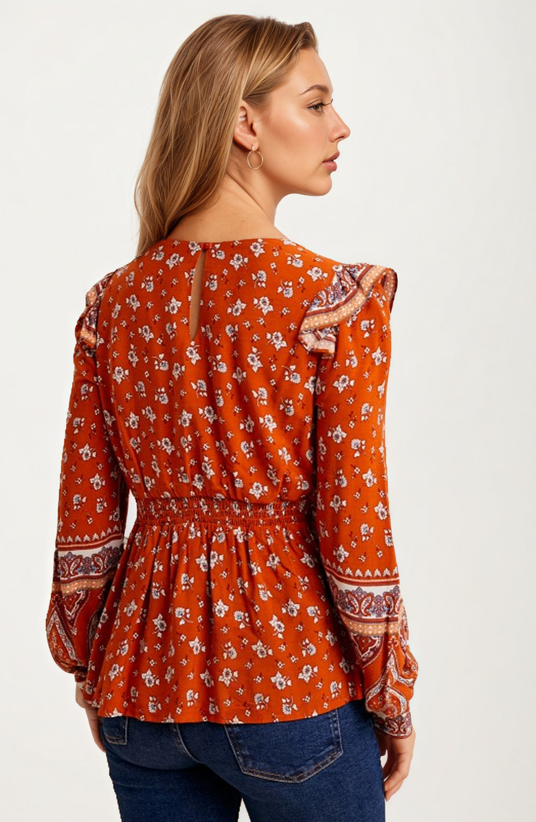 Knit and Lounge Floral Print Contrast Trim V-Neck Boho Blouse, Alternate, color, Orange Floral