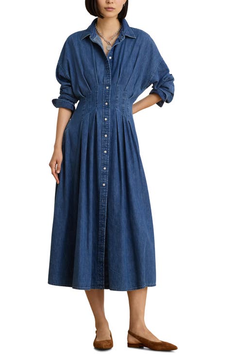 Pleated Cotton Denim Midi Shirtdress