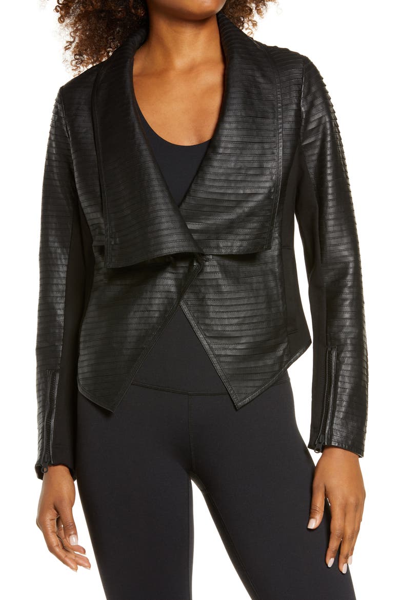 Textured Leather & Ponte Moto Jacket, Alternate, color, BLACK