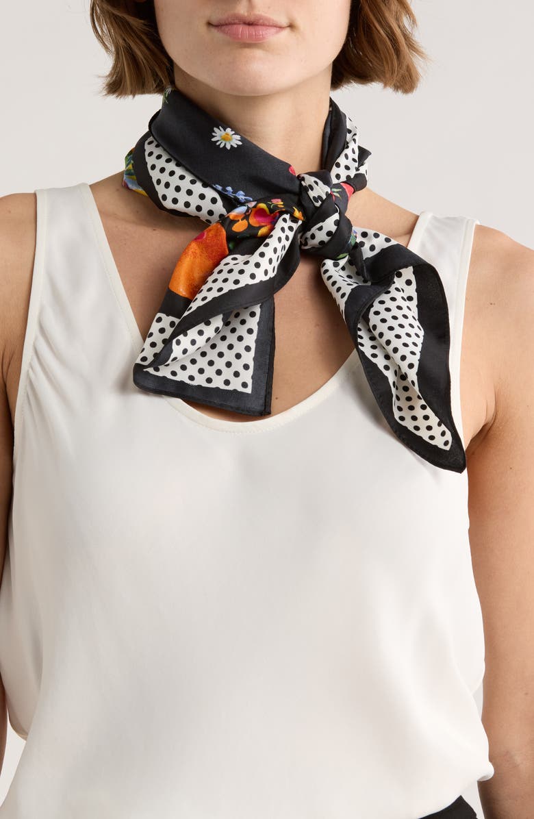 Vince Camuto Fruit Floral Satin Square Scarf, Main, color, Black Multi