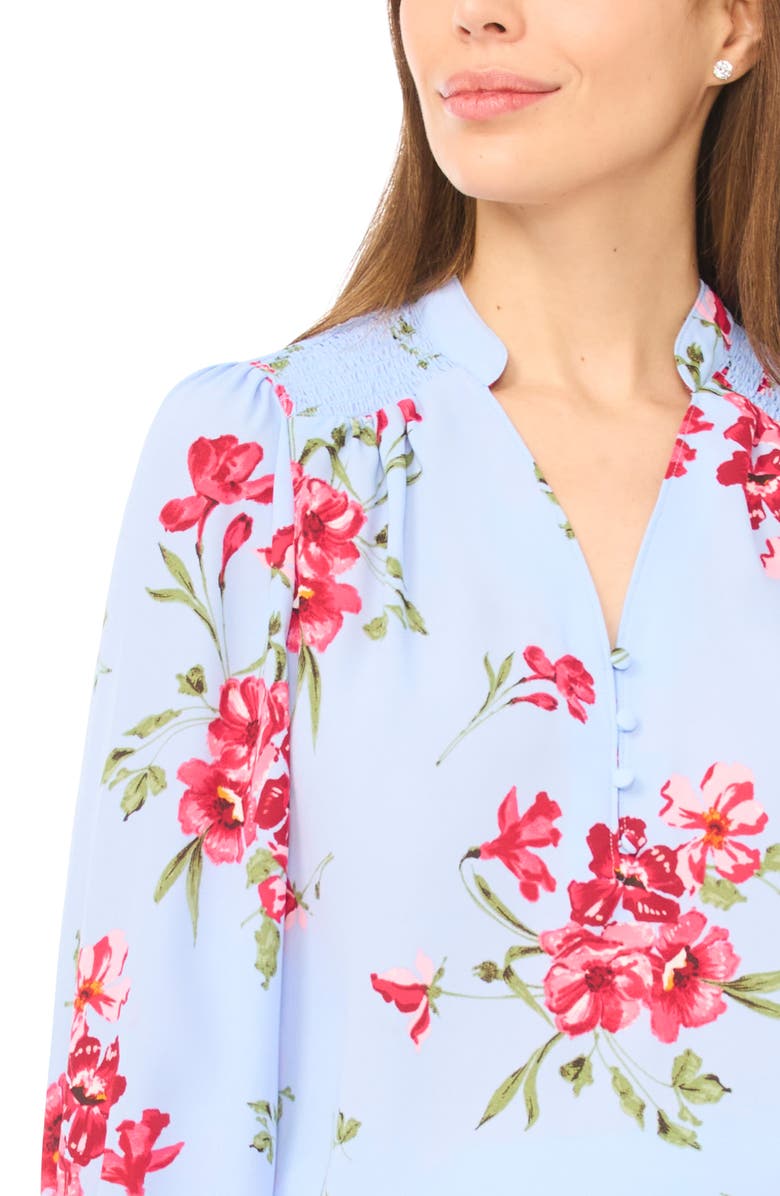 CeCe Floral Half Placket Smocked Accent Top, Alternate, color, Windsurfer