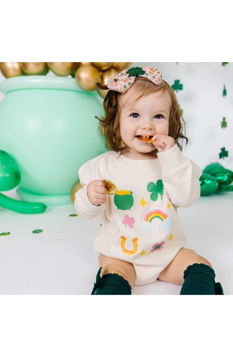 Sweet Wink Lucky Doodle St. Patrick's Day Long Sleeve Romper, Alternate, color, 