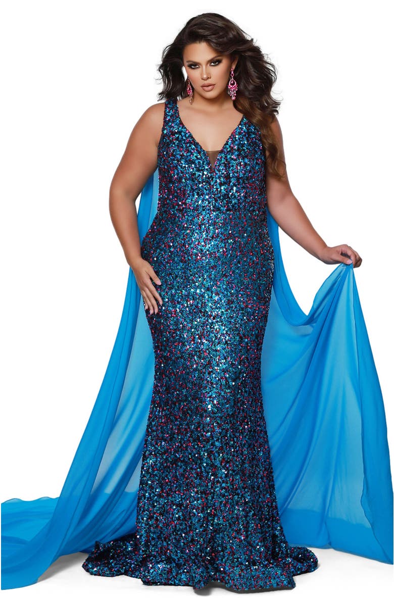 Johnathan Kayne for Sydney's Closet Long Fitted Plus Size Sequin Velvet Formal Gown, Main, color, Fuchsia Sky