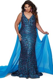 Johnathan Kayne for Sydney's Closet Long Fitted Plus Size Sequin Velvet Formal Gown