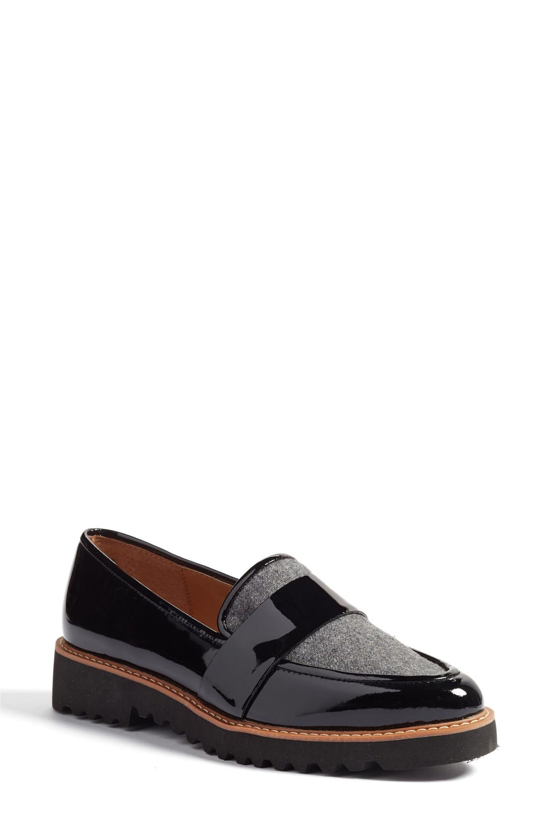 'Emily' Loafer, Main, color, BLACK PATENT GREY FABRIC