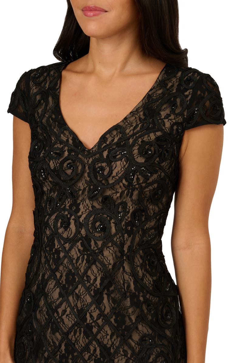Adrianna Papell Beaded Soutache Sheer Lace Overlay Sheath Cocktail Dress, Alternate, color, Black/ Beige