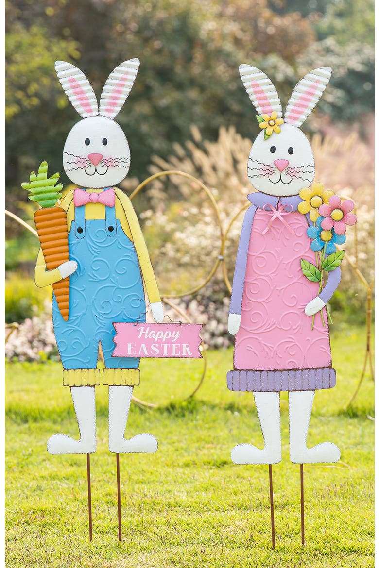 Set of 2 Metal Bunny Boy and Girl Yard Stake or Standing Decor or Wall Decor, Alternate, color, Blue