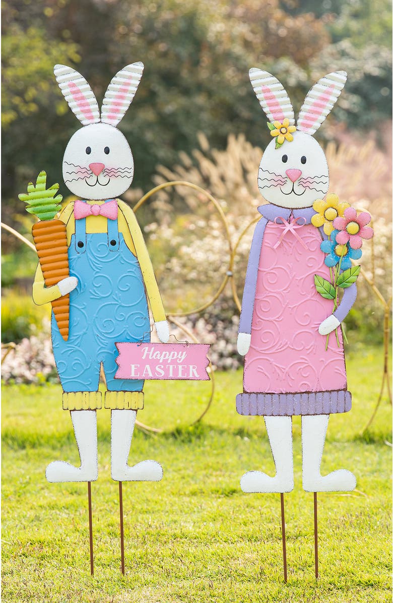 Glitzhome Set of 2 Metal Bunny Boy and Girl Yard Stake or Standing Decor or Wall Decor, Alternate, color, Blue