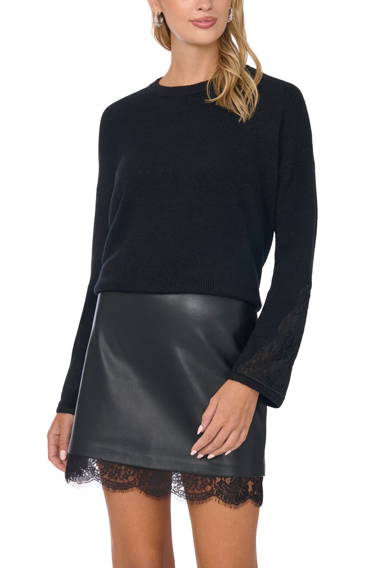Floral Embroidered Sequin Appliqué Crewneck Sweater, Main, color, RICH BLACK