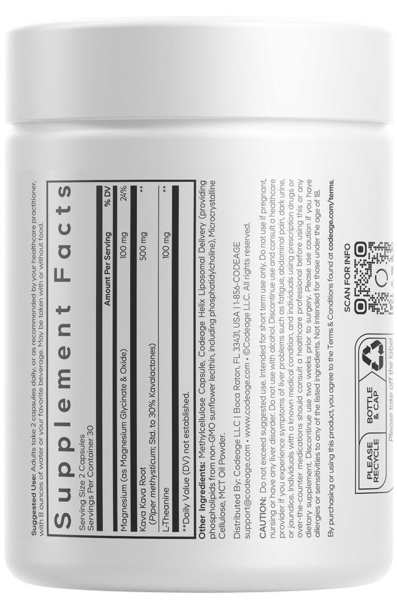 Codeage Liposomal Kava Kava+, 30% Kavalactones with Magnesium Glycinate Supplement, Alternate, color, White