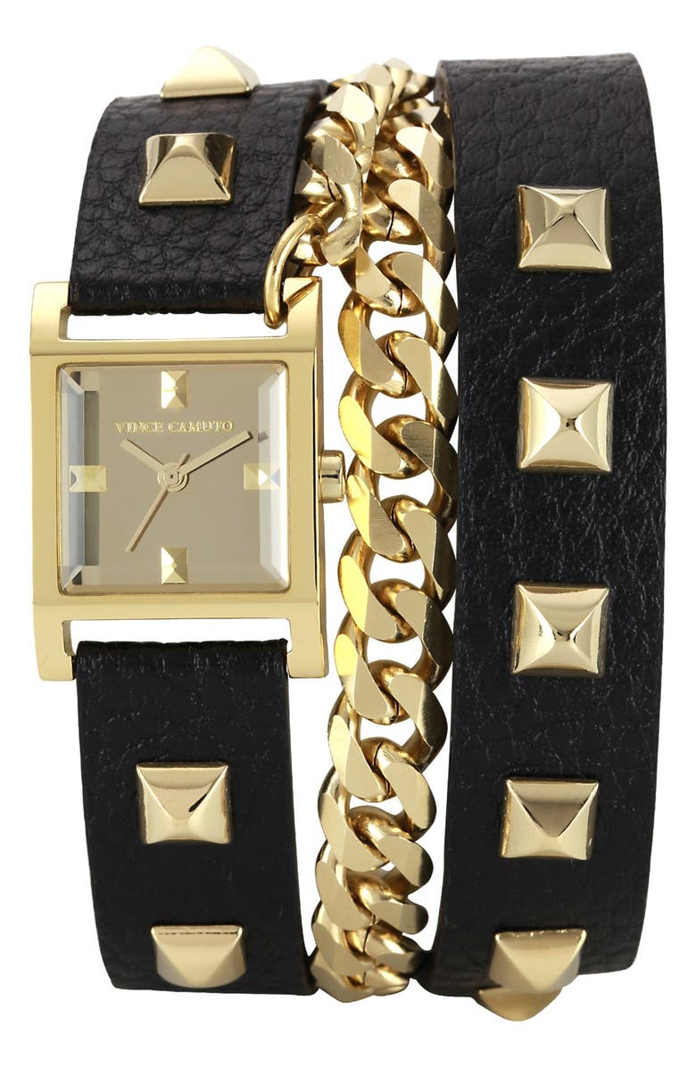 Vince Camuto Double Wrap Chain & Leather Strap Watch, 21mm, Main, color, 