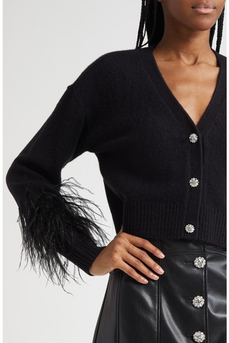 Briana Feather Trim Cardigan, Alternate, color, BLACK
