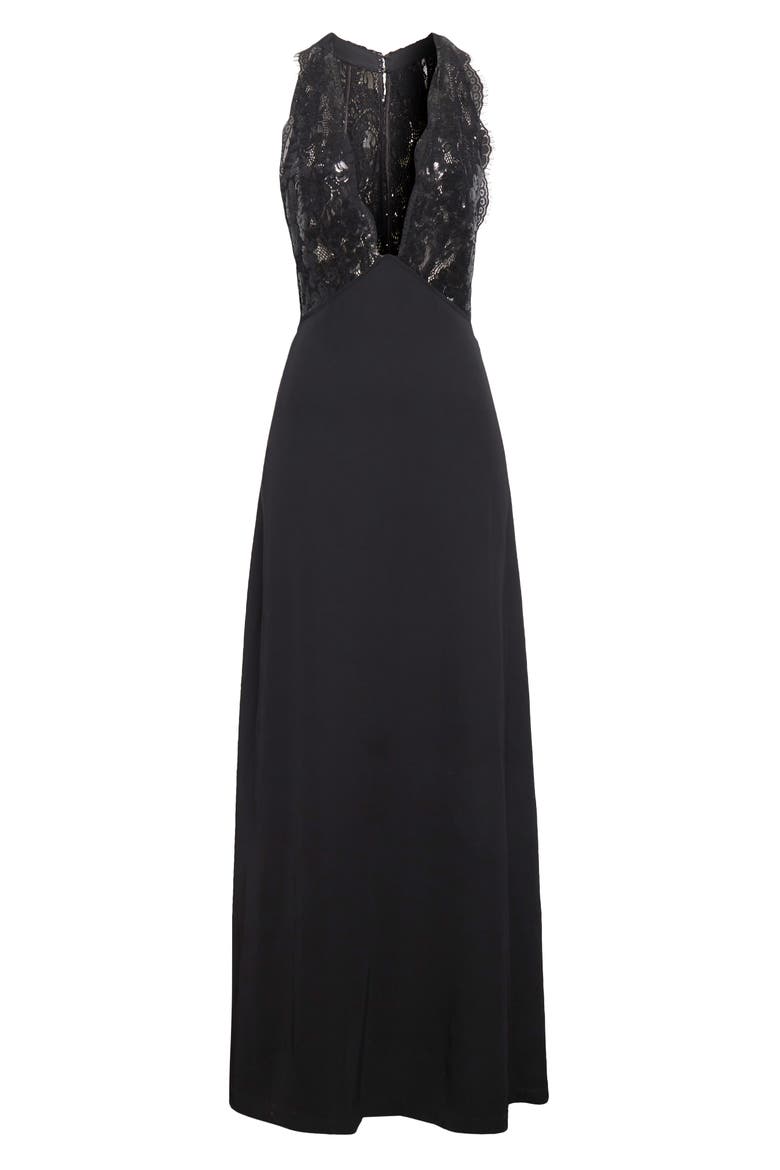 Chantal Plunge Neck Mixed Media Gown, Alternate, color, BLACK COMBO