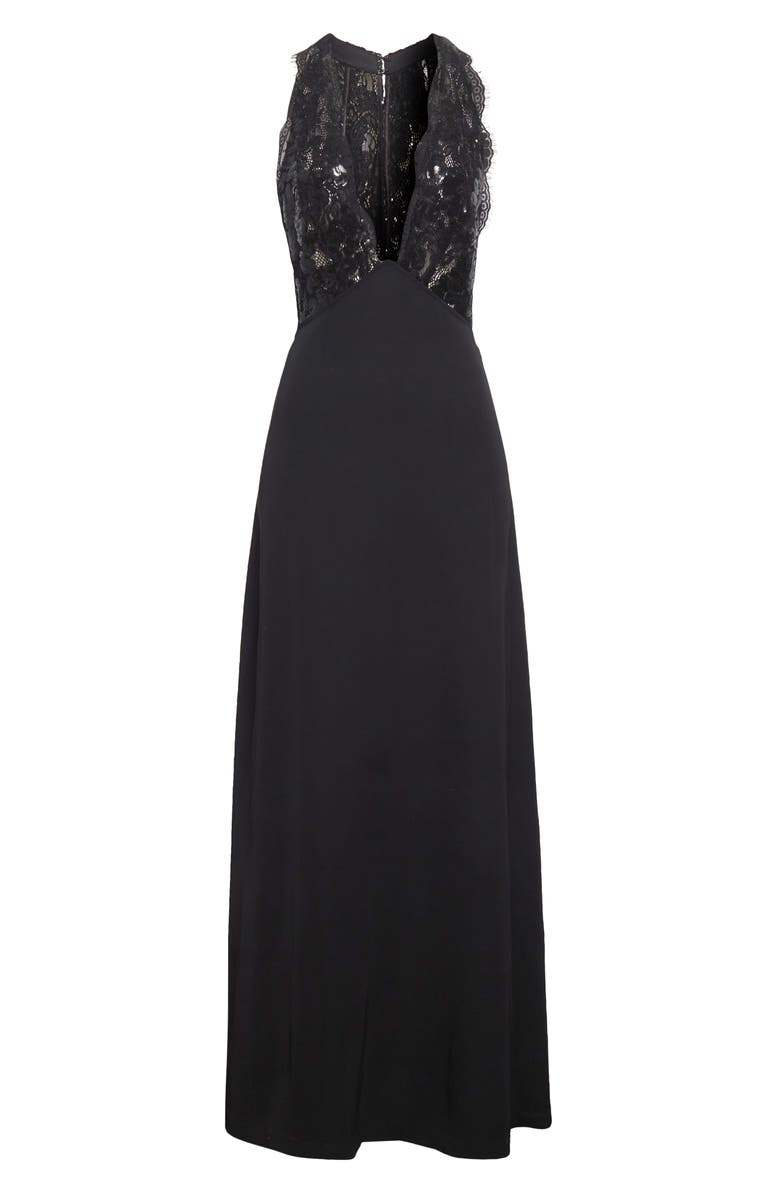 Ramy Brook Chantal Plunge Neck Mixed Media Gown, Alternate, color, Black Combo