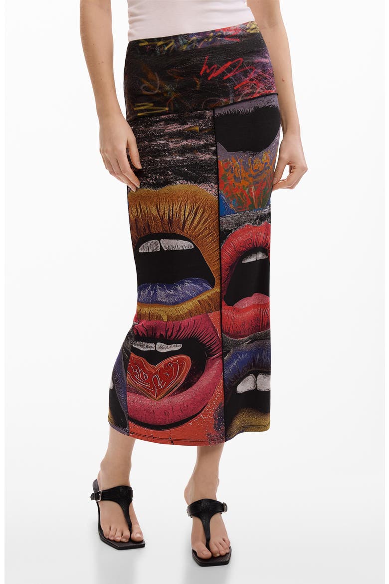 Repeating Print Midi Skirt, Main, color, BLACK
