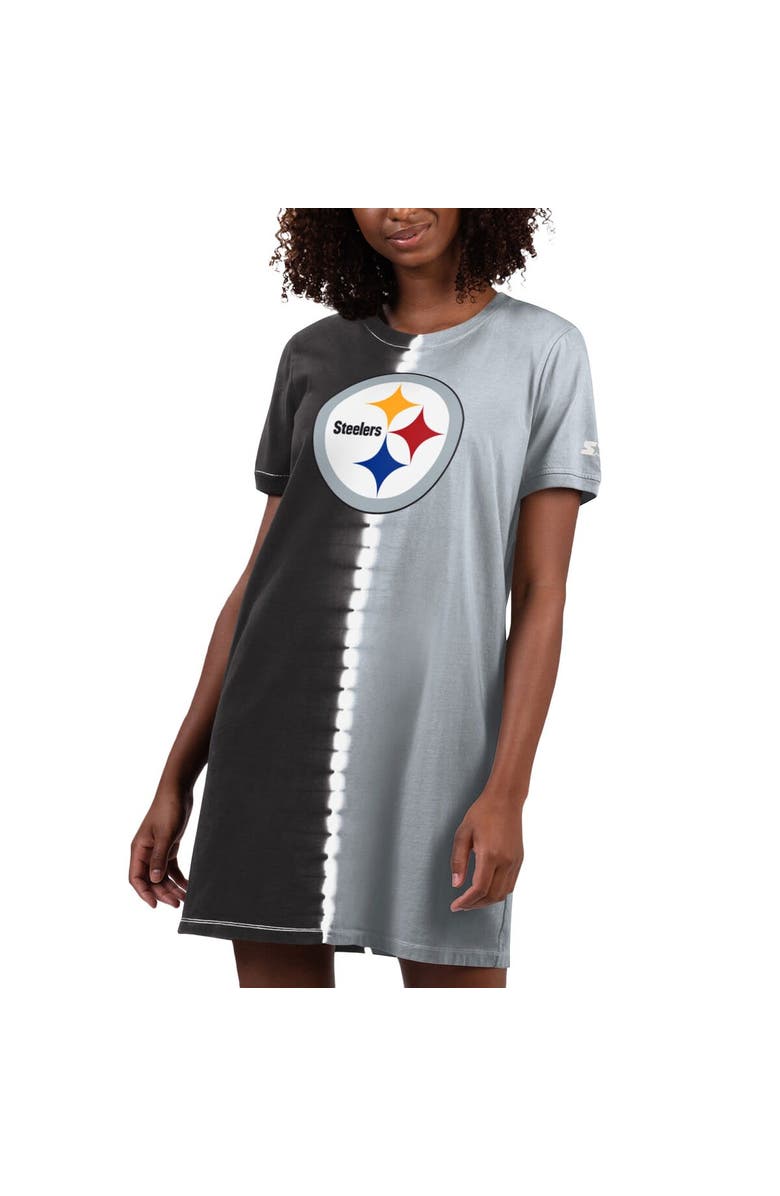 STARTER Women's Starter Black Pittsburgh Steelers Ace Tie-Dye T-Shirt Dress, Alternate, color,
