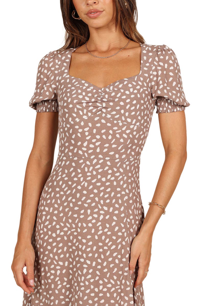 Petal & Pup Franklin Print Puff Sleeve Midi Dress, Alternate, color, Mocha