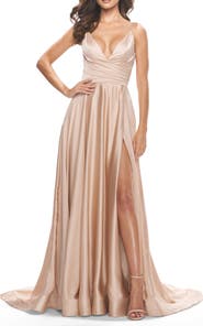 La Femme Long Satin Dress with Side Slit and V Shaped Back