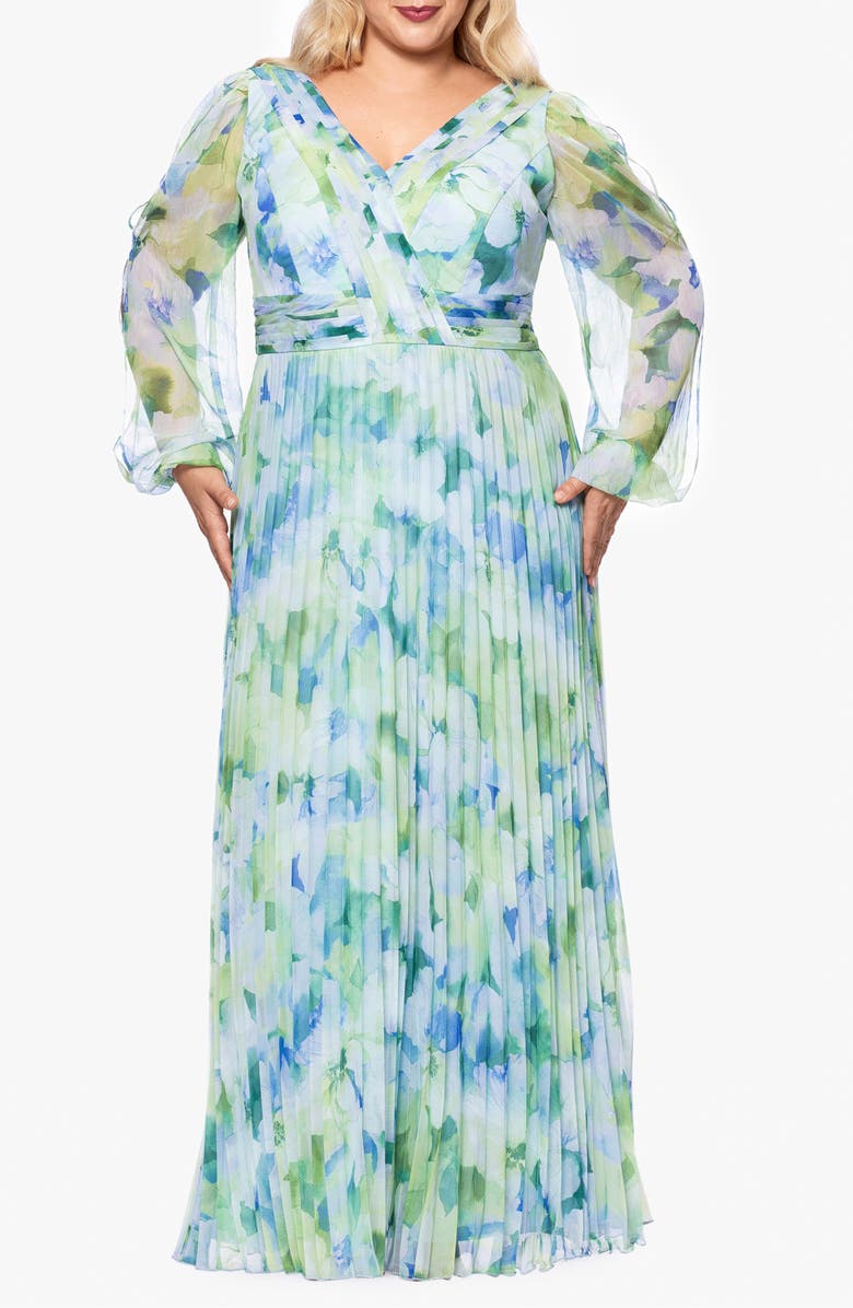 Betsy & Adam Floral Long Sleeve Pleated Gown, Main, color,