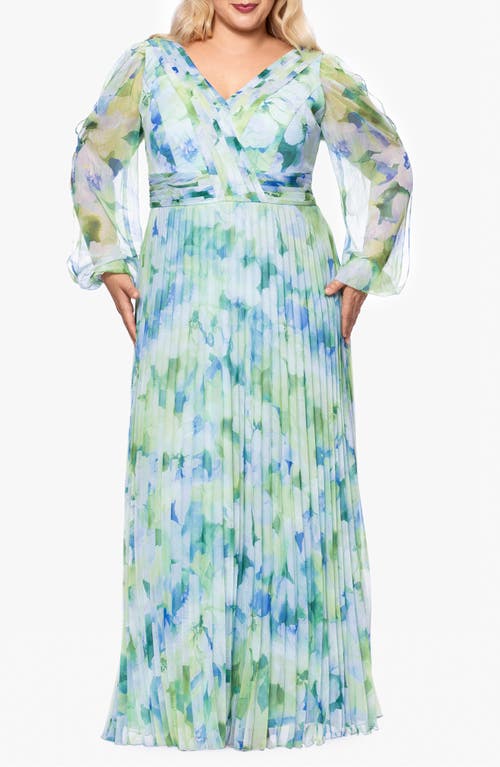 Shop Betsy & Adam Floral Long Sleeve Pleated Gown In Blue/multi