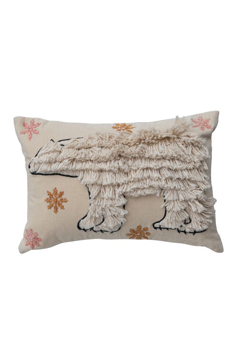 Velvet Lumbar Pillow with Embroidered Fringe Polar Bear & Snowflakes, Multicolor, Main, color, Multicolor