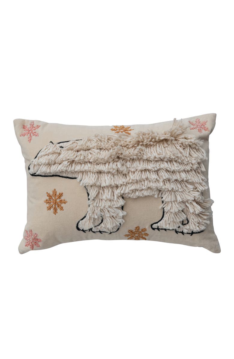 Storied Home Velvet Lumbar Pillow with Embroidered Fringe Polar Bear and Snowflakes, Multicolor, Main, color, White