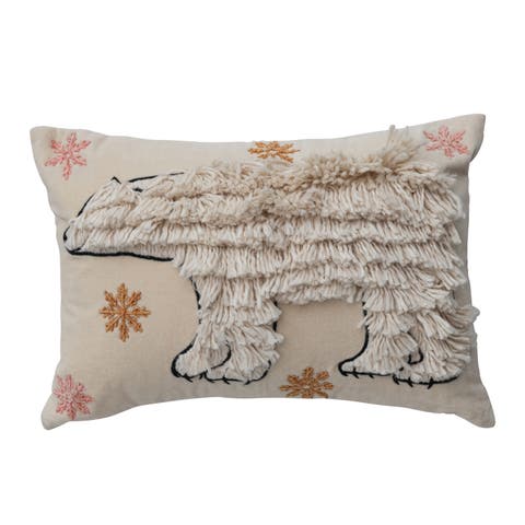 Velvet Lumbar Pillow with Embroidered Fringe Polar Bear and Snowflakes, Multicolor