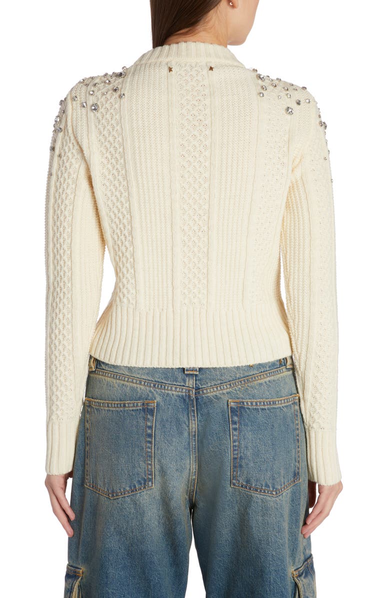 Golden Goose Crystal Embellished Virgin Wool Cable Knit Crewneck Sweater, Alternate, color, Lambs Wool