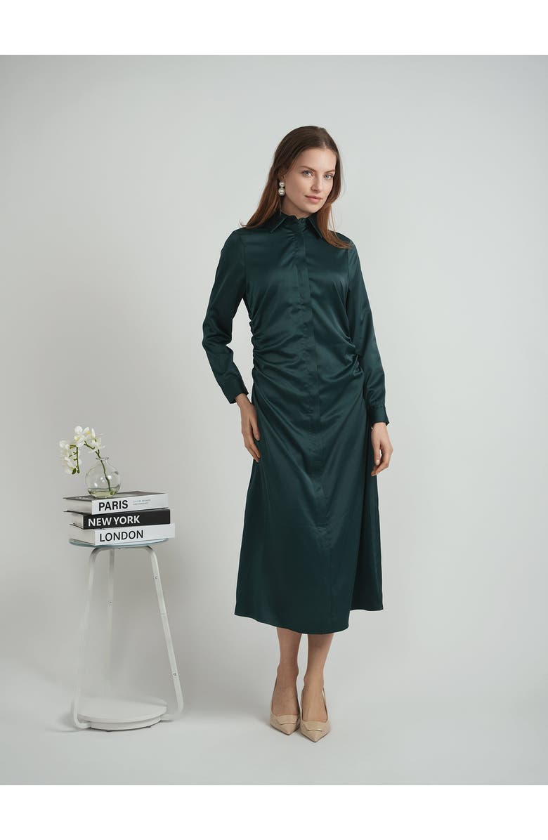 Coco de la Mour Satin Side Gathered Button Front Shirt Dress, Alternate, color, Black
