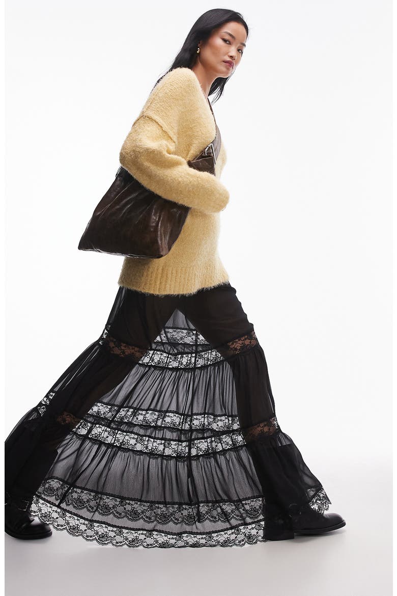 Tiered Sheer Lace Inset Maxi Skirt, Alternate, color, BLACK