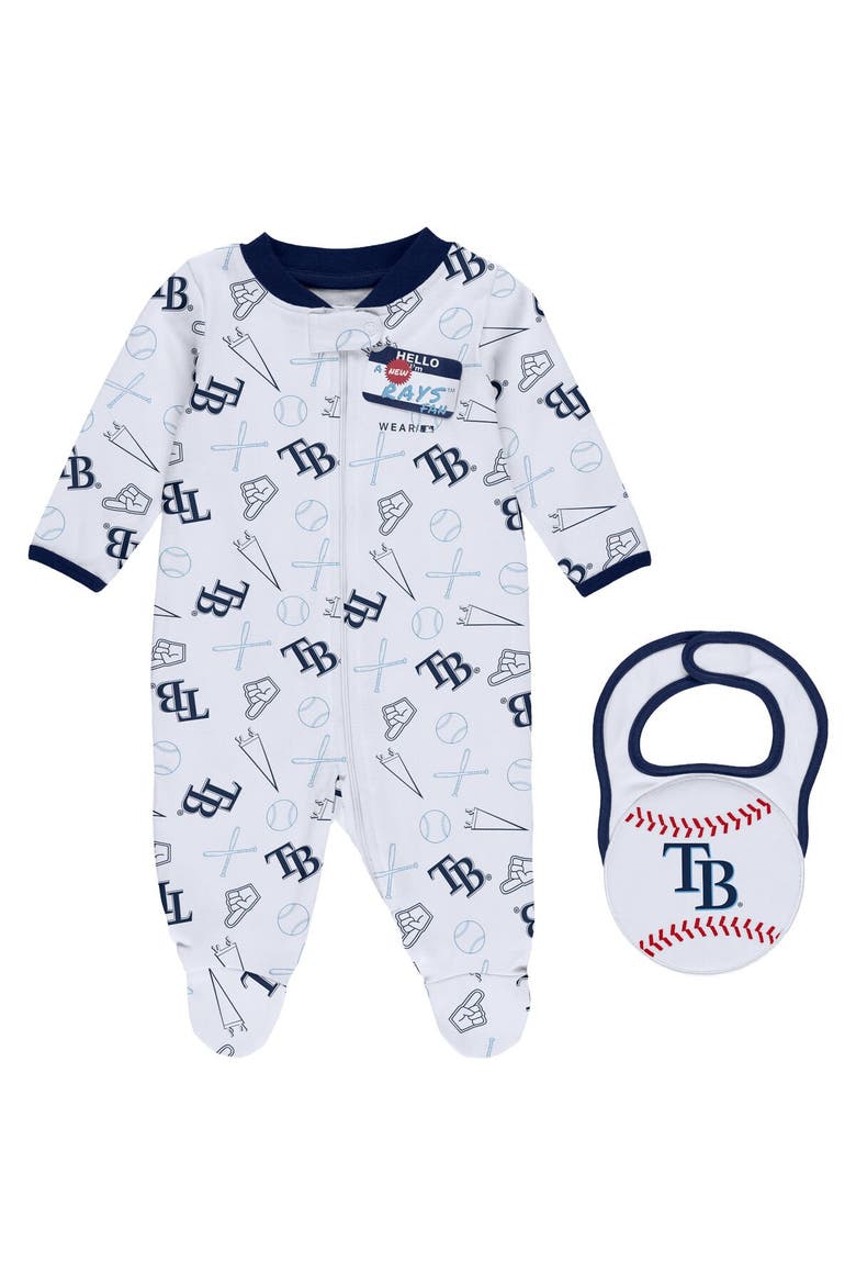 Newborn & Infant WEAR by Erin Andrews White Tampa Bay Rays Sleep & Play Full-Zip Footed Jumper with Bib, Main, color, Navy