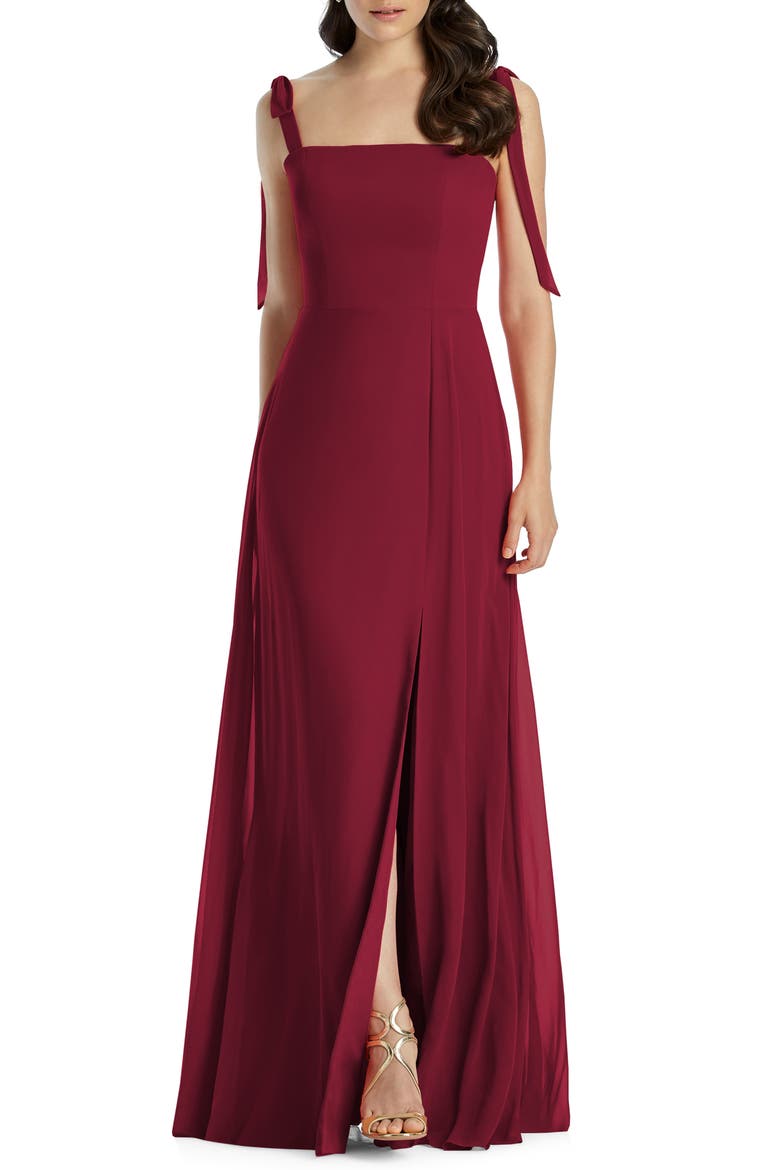 Shoulder Tie Chiffon A-Line Gown, Main, color, BURGUNDY