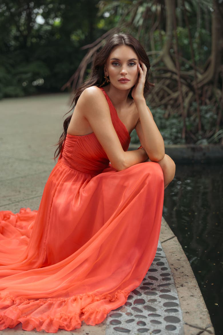 One Shoulder Asymmetrical Ruffle Chiffon Gown, Alternate, color, Tangerine