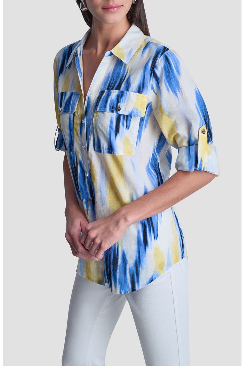 Printed Roll-Tab Cuff Cotton Button-Up Shirt, Alternate, color, SUNLIT SHORELINE