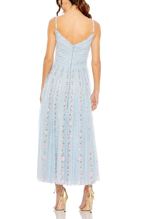 Mac Duggal Ruffle Floral Embroidered Detail Tea Length Midi Dress In Blue Multi