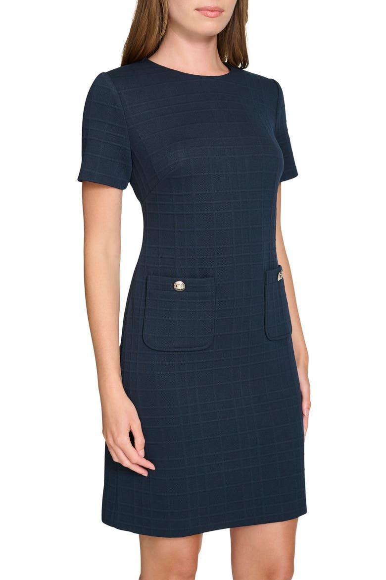 Windowpane Short Sleeve Shift Dress, Alternate, color, SKY CAPTAIN