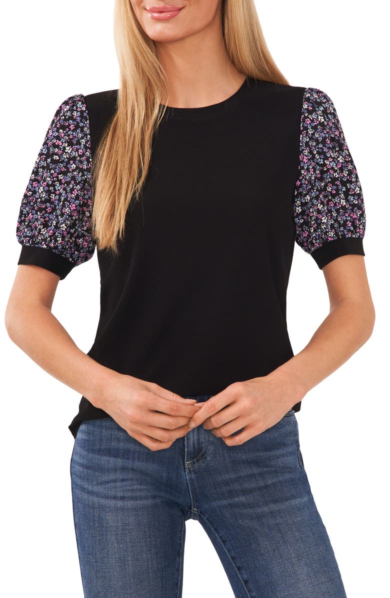 CeCe Floral Sleeve Mixed Media Knit Top | Nordstrom