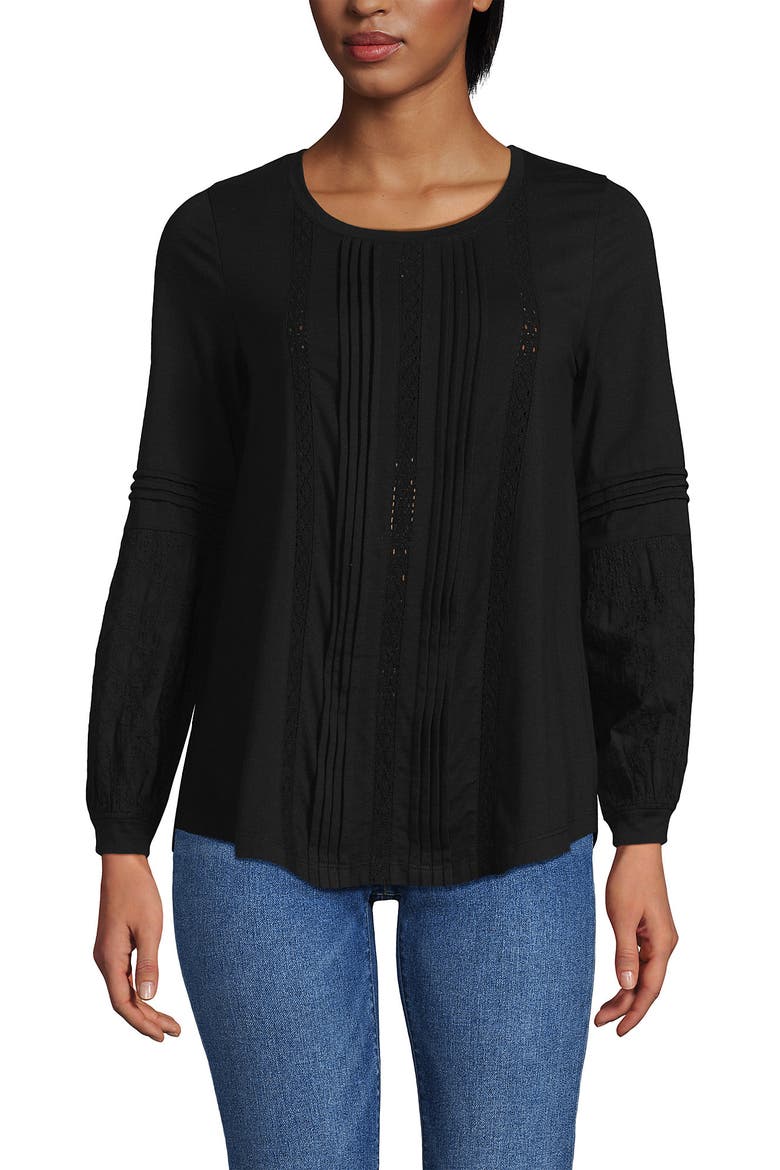 Lightweight Jersey Lace Mix Long Sleeve Pintuck Top, Main, color, Black